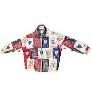 Leather Man Playing Cards Jacket Mens 6XL White Red Blue Fair Vintage 90s Bomber